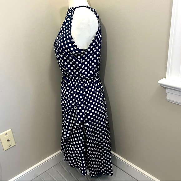 Claudia G Sleeveless Asymmetric‎ HalterTop Dress Womens M Navy White Dot NWOT - Picture 14 of 14